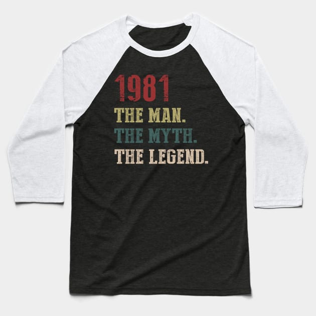 Vintage 1981 The Man The Myth The Legend Gift 39th Birthday Baseball T-Shirt by Foatui